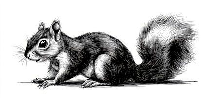 Inquisitive Squirrel Detailed Black and White Illustration for Coloring or Nature-Themed Projectsの素材
