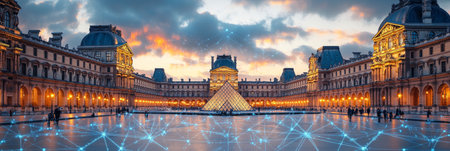 Parisian Icon in the Digital Era Louvre Museum Illuminated at twilight with a Network Overlayの素材