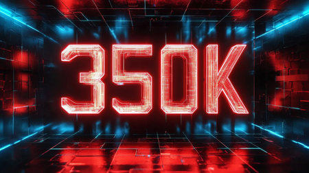 A Glowing Digital 3D Number 350K in Futuristic Style With Grids on a Digital Abstract backgroundの素材