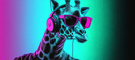 Cool Neon Colorful DJ Giraffe Wearing Headphones And Sunglasses. Cool Summer Party Animalの素材