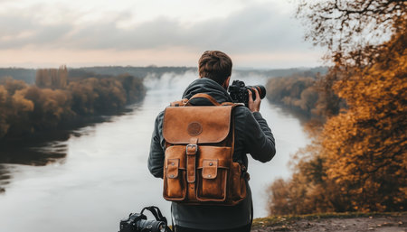 Photographer With Backpack Capturing Autumn Scenery Along Serene River, Landscape Photographyの素材