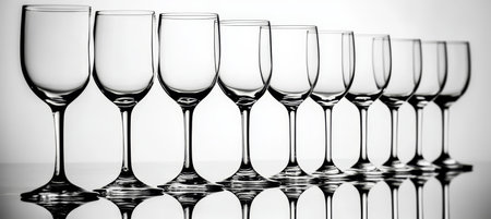Line of Sparkling Elegance Empty Wine Glasses on White Background, Black and White Photographyの素材