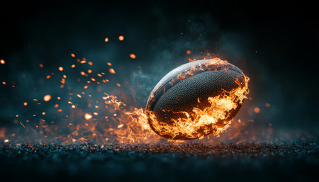 Fiery Rugby Ball Engulfed in Flames with a Dark Background, Perfect for Sports Conceptsの素材