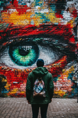 Man Contemplating Vibrant Large Eye Mural Painted On Brick Wall, Street Art And Urban Explorationの素材