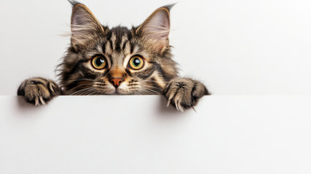 Curious Cat With Paws Over Blank White Sign, Isolated On White Background. Place For Text.の素材