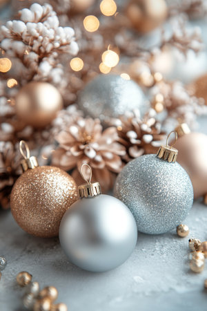 Sparkling Silver and Gold Christmas Ornaments, a Festive Background in Elegant Colorsの素材