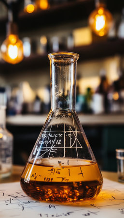 Conical flask with amber liquid, science lab background, chemical formulas, soft focus.の素材