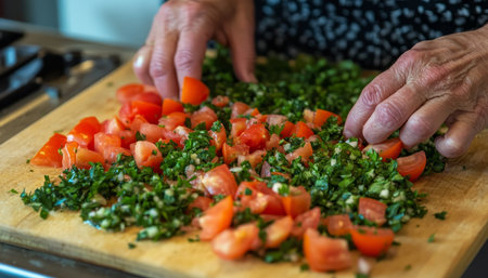 Woman s Hands Preparing Fresh Salsa with Tomatoes and Cilantro on Wooden Cutting Boardの素材