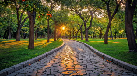 Golden Hour Sunlight Illuminates a Cobblestone Pathway Through a Picturesque Serene Parkの素材
