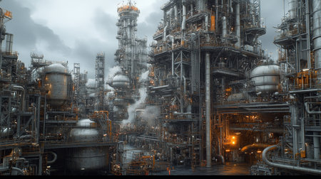 Industrial Skyline Smoke And Steel, A Dense Network Of Machinery Creates An Abstract Bokehの素材