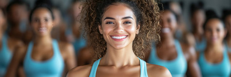 Smiling Confident Woman In Fitness Class With Friends, Healthy Lifestyle And Wellness Conceptの素材