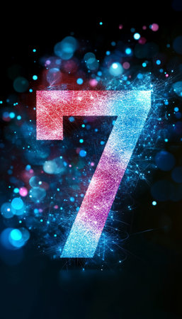 Glowing Digital Number Seven, Abstract Background, Futuristic Style Technology Design Elementの素材