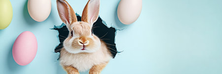 Cute Bunny Peeking Through Hole on Pastel Background, Easter Holiday Theme., Copy Space bannerの素材