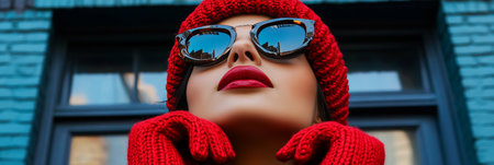 Urban Fashionista in Red Knitwear, Rocking Sunglasses and Red Lips, Autumn Street Styleの素材