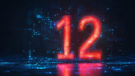Glowing Futuristic Number 12 on Digital Circuitry Background Technology and Innovation Conceptの素材