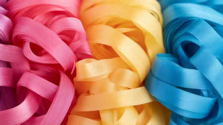 Abstract Background, Vibrant Intertwined Ribbons in Pink, Yellow, and Blue with Glistening Effectsの素材