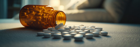 Spilled Prescription Medication Amber Pill Bottle and Scattered White Pills on Reflective Surfaceの素材