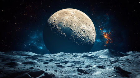 Barren Moon Surface with Distant Craters, A Mystical Planet Rises in the Starry Sky, 3D Renderの素材