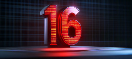 Glowing Futuristic 3D Number 16 on a Checkered Digital Background with Red Lighting Effectsの素材