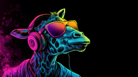 Neon Party Giraffe DJ Cool Animal with Headphones and Sunglasses on Black Background.の素材