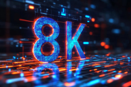 Glowing Digital 8K Logo on Futuristic Tech Background, Symbol for High Resolution and Technologyの素材