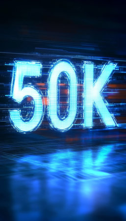 Glowing Digital 3D Number 50K in Futuristic Cyberspace on Technology Abstract Backgroundの素材