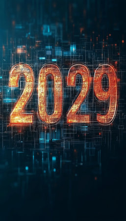 2029 Futuristic Glowing Number on Abstract Background Representing Technology and the Futureの素材