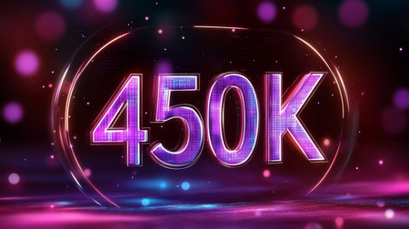 Glowing 450K Celebration Text on Futuristic Digital Background with Neon Lights and Bokeh Effectの素材