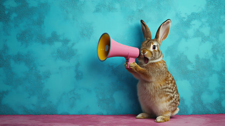 Funny Brown Rabbit Announcing Big News with Pink Loudspeaker on Turquoise Background, Easter Conceptの素材