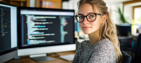 Confident Female Programmer Focused on Software Development Task, Reviewing Code on Dual Monitorsの素材