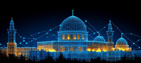 Digital Dome of the Rock A Glowing Outline of the Shrine Embedded Within Network Connections.の素材
