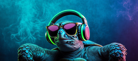 Cool DJ Turtle Wearing Headphones and Sunglasses, Enjoying Neon Party Vibes, Isolated Subjectの素材