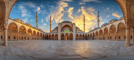 Spectacular Panoramic View of Courtyard in Blue Mosque Sultan Ahmed Mosque Istanbul, Turkeyの素材