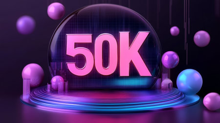 Glowing Pink 3D Number 50K on Futuristic Stage with Geometric Background Celebration Concept Designの素材