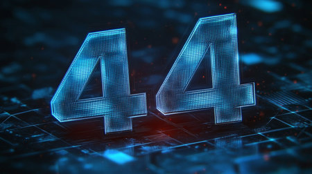 Glowing Digital Number 44 in Futuristic Style on Abstract Technological Background, Digital Concept.の素材