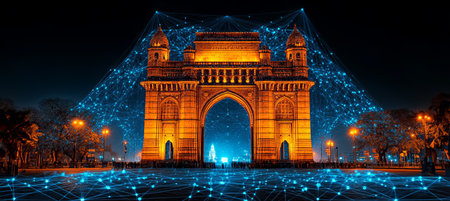 Gateway of India, architectural monument at night with futuristic network connection, digital Indiaの素材