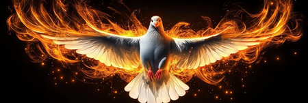 White Dove with Fiery Wings on Dark Background, Symbolic Representation of the Holy Spiritの素材