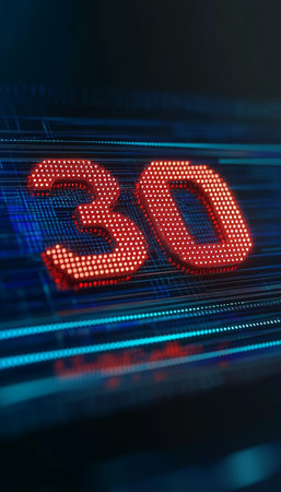 Number 30, Digital Display With Glowing Red Animated Led Pixels. Abstract Futuristic Background.の素材