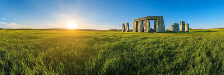 Ancient Stonehenge Monument At Sunset, Wiltshire, United Kingdom A UNESCO World Heritage Siteの素材