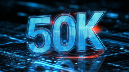 Glowing 3D Number 50K on Futuristic Digital Abstract Background, Technology and Celebration Concept.の素材