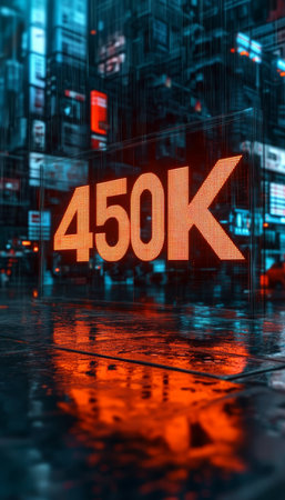 Glowing 450K 3D Number on City Street Sign with Reflection, Celebrating a 450,000 Milestone.の素材