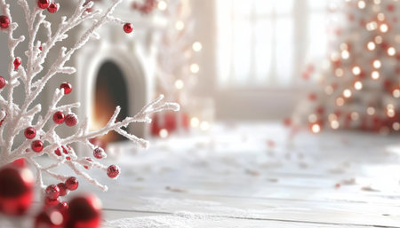 White Christmas Fireplace Background Decorated Snowy Branches Red Ornaments Copy Spaceの素材