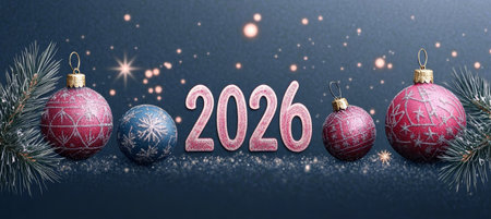 Happy New Year 2026. Festive background with elegant Christmas balls and sparkling lights.の素材