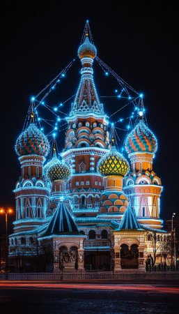 Saint Basil s Cathedral Illuminated with Blue Lights, A Night Landmark view, Moscow, Russiaの素材