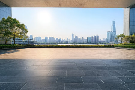 Modern City Skyline With Empty Plaza, Perfect For Product Placement Or Events., Chinaの素材