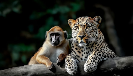 Leopard and Baboon An Unlikely Duo Share a Moment, Finding Harmony in Nature s Embraceの素材