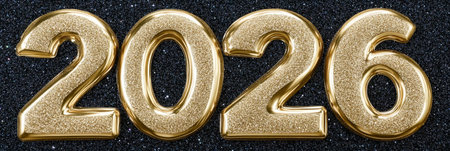 Golden Glitter Number 2026 on Black Sparkling Background, Happy New Year 2026 Conceptの素材