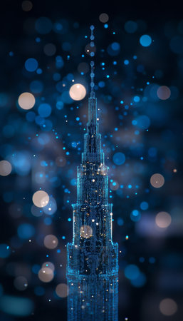 Abstract Glowing Architectural Landmark, Blue Technology Background With Bokeh Lightsの素材