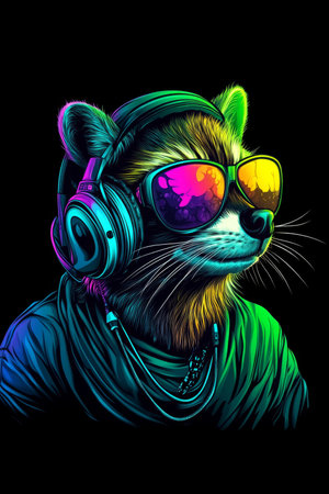 Neon Party Animal Cool Raccoon DJ with Headphones and Sunglasses on Black Background, Illustrationの素材