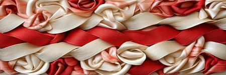 Abstract Background of Intertwined Red, Pink, and Gold Ribbons, Luxurious Fabric Texture Designの素材